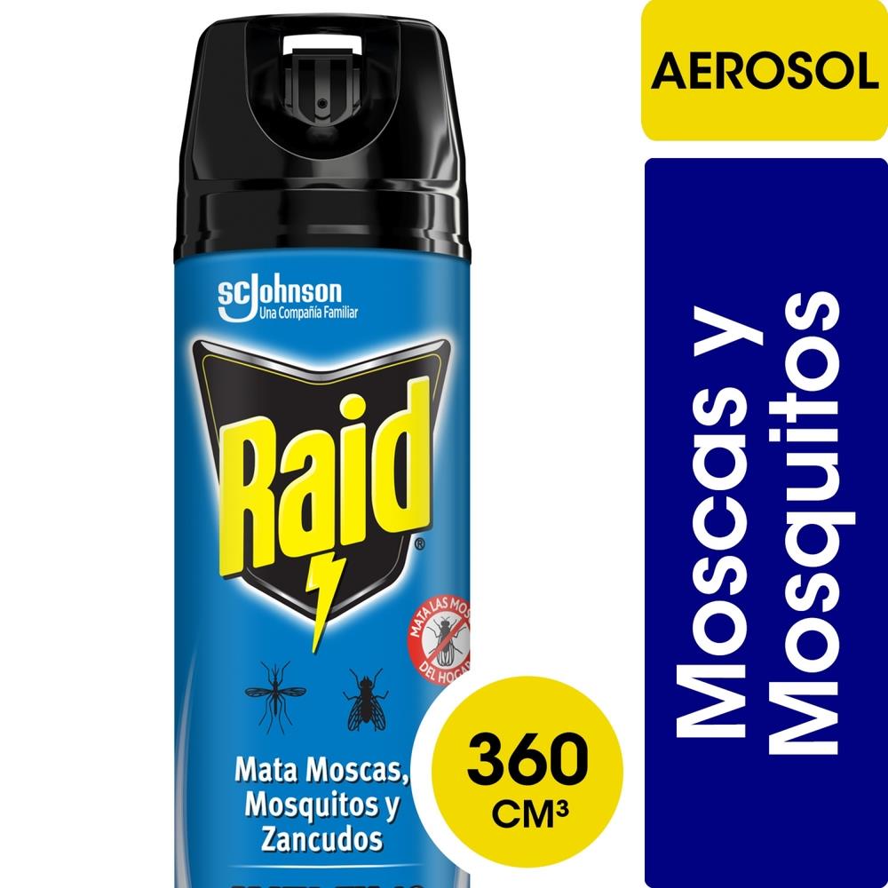 Insecticida RAID Mata Moscas Y Mosquitos Nueva Fórmula X2 Más Rápido En Aerosol 360cm3