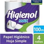 Papel Higiénico Max Hoja Simple 4x100m Higienol Paq 40 M2